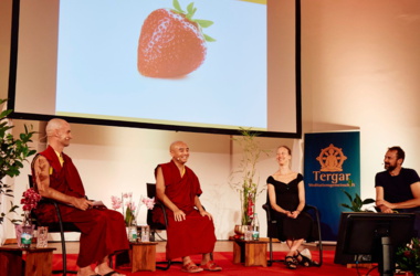 Gemeinsames Panel mit Mind & Life Europe 2022 in Nürnberg. HolgerYeshe, Mingyur Rinpoche, Marieke van Vugt und Antoine Lutz (v.l.n.r.) im Gespräch über "The Natural Qualities of The Mind"