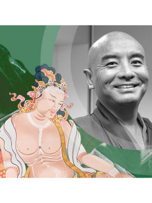 Collage aus einem schwarz-weiß Portrait des lachenden Mingyur Rinpoche und einer Zeichung von Tilopa